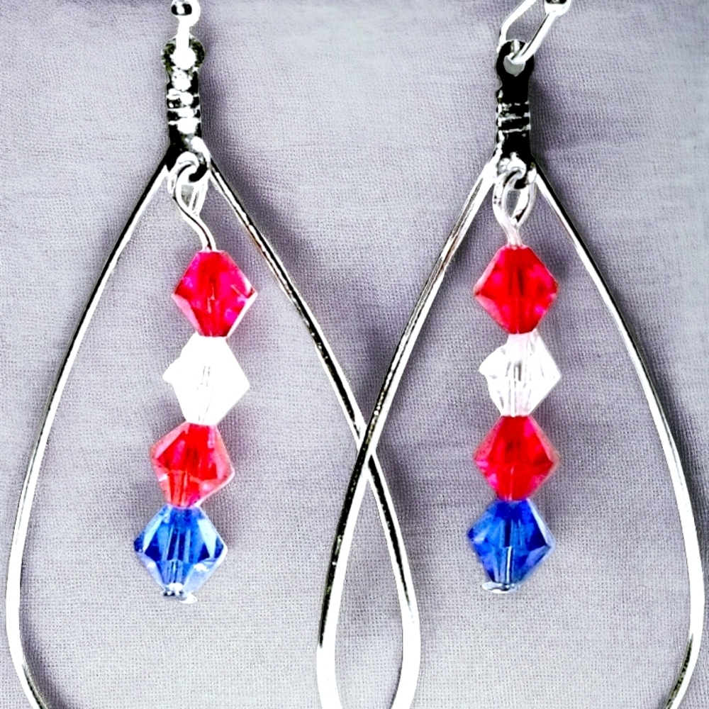 ⭐4th of July Silver Teardrop Red, White, & Blue Crystals Handmade BBQ Party